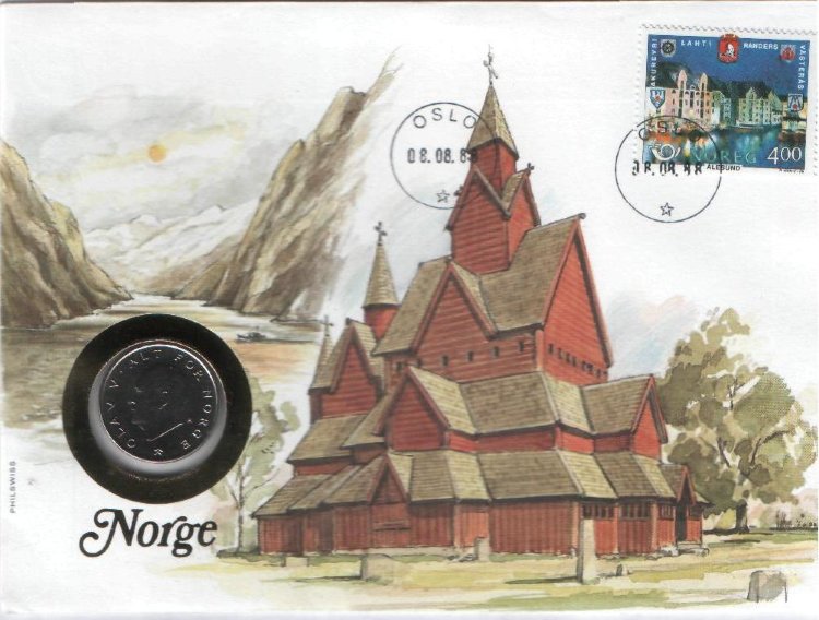 1 крона Норвегия (1988) UNC KM# 419 (В конверте с маркой)