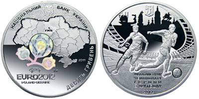 Памятная серебряная монета 10 гривен "Финальный турнир чемпионата Европы по футболу 2012. город Киев" (2011)  