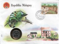 5 франков Мадагаскар (1988) UNC KM# 10 (В конверте с маркой)