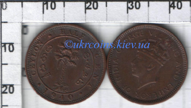 1\2 цента Британский Цейлон Георг VI (1937-1940) XF KM# 110