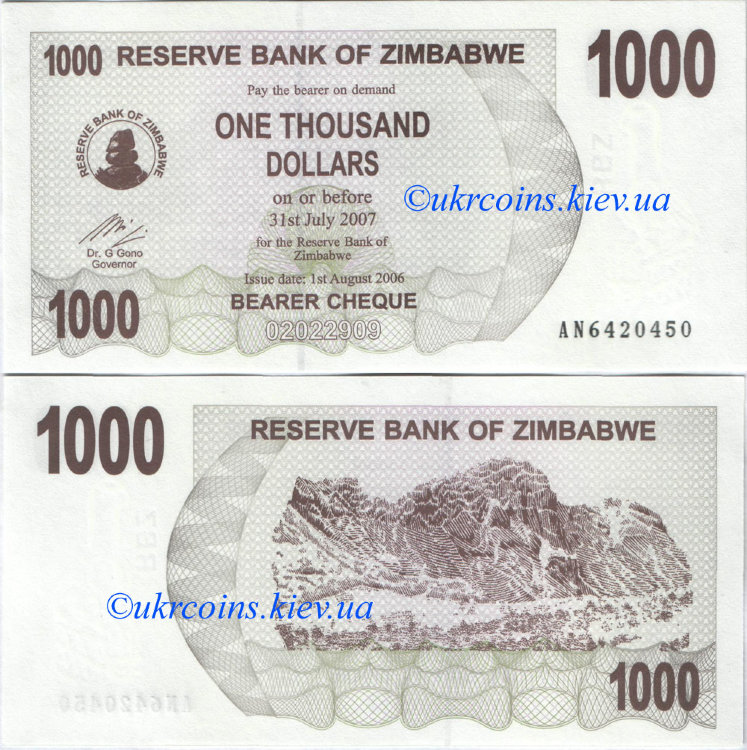 1000 долларов Зимбабве (2006) UNC ZW-44