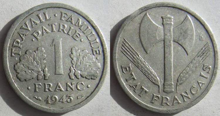 1 франк Франция (1942-1944) XF KM# 902.1