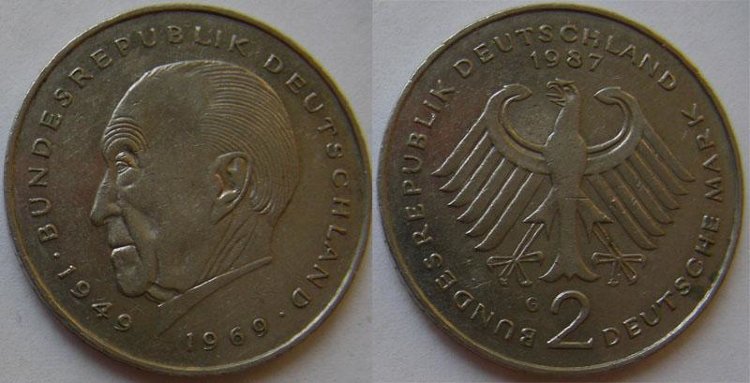 2 марки Германия "Конрад Аденауэр" (1969-1987) XF KM# 124 