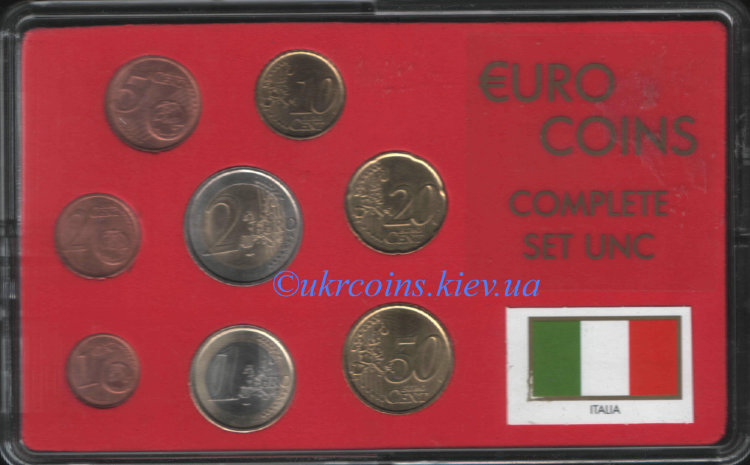 Набор евромонет 1,2,5,10, 20, 50 центов 1,2 евро Италия (2002) UNC в пластике
