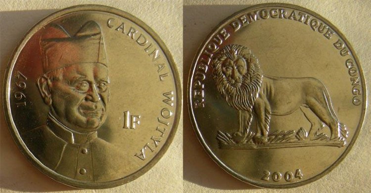 1 франк ДР Конго "Кардинал Войтыла" (2004) UNC KM# 157