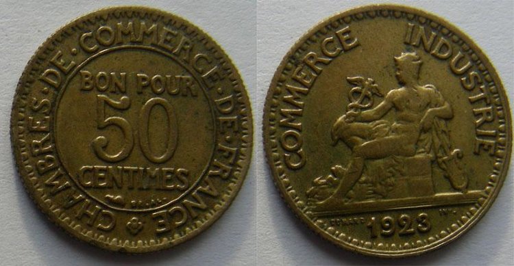 50 сантимов Франция (1920-1924) XF KM# 884 