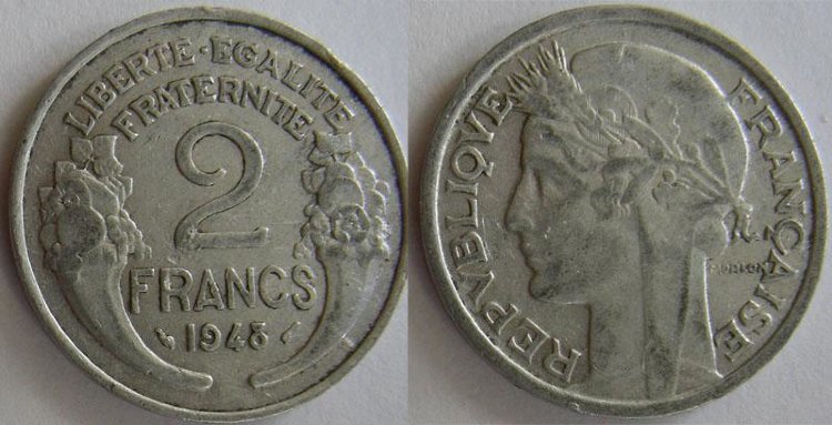 2 франка Франция (1946-1950) XF KM# 886a.1