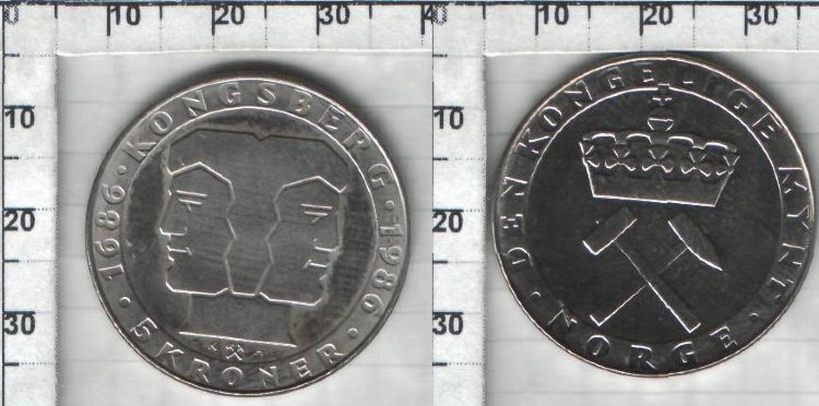 5 крон Норвегия "300-летие Монетного двора" (1986) UNC KM# 428