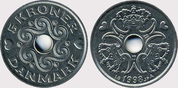 5 крон Дания (1990-2008) XF KM# 869