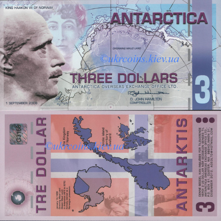 3 доллара Антарктика  (2008) UNC AQ-19 Сувенир