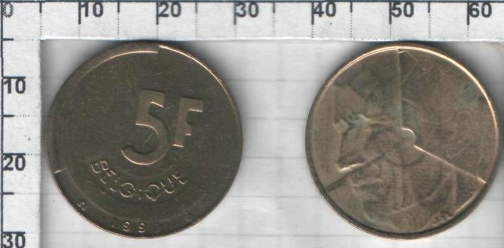 5 франков Бельгия "Belgique" (1986-1993) UNC KM# 163