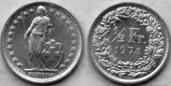 1/2 франка Швейцария (1974-1985) XF КМ 23a.1-23а.3