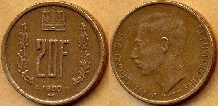 20 франков Люксембург (1980-1983) XF KM# 58