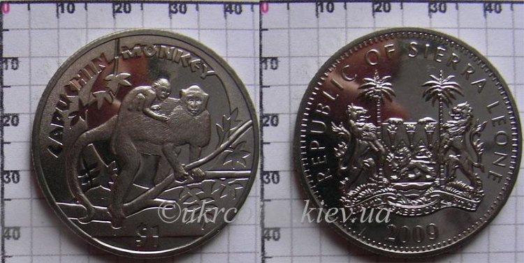 1 доллар "Обезьяны Африки - Капуцин" Сьерра-Леоне (2009) UNC KM# NEW