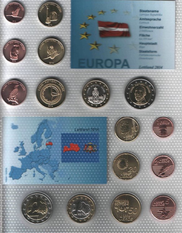 Набор пробных евромонет 1,2,5,10, 20, 50 центов 1,2 евро Латвии (2014) UNC (В пластиковой запайке)