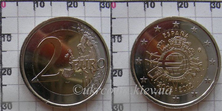 2 евро Испания "10 лет наличному обращению евро" (2012) UNC KM# NEW