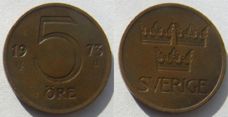 5 оре Швеция (1972-1973) XF KM# 845 