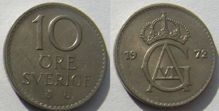 10 оре Швеция (1963-1973) XF KM# 835 