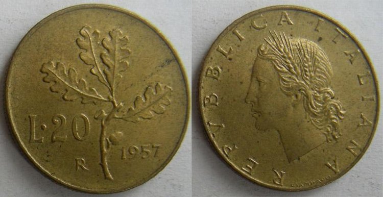 20 лир Италия (1957-2001) XF KM# 97