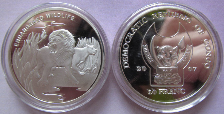 10 франков ДР Конго "Лев" (2007) UNC 