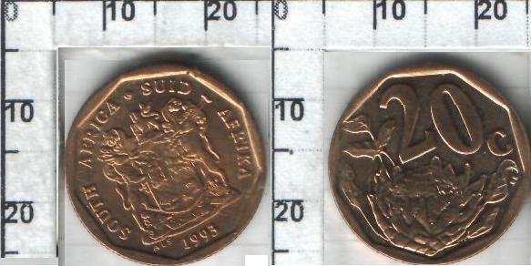 20 центов "SOUTH AFRICA - SUID AFRIKA" Южно-Африканская Республика (1993) UNC KM# 136