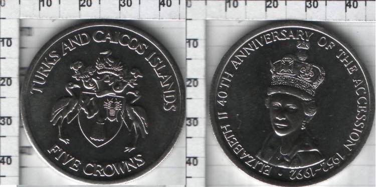 1 крона Тёркс и Кайкос "40-я годовщина вступления королевы Елизаветы II" (1992) UNC KM# 77