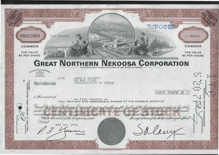  Aкция США "Great Northern Necoosa Corporation" 1976