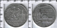 10 марок Германия (ФРГ) "10-летия объединения Германии" (2000) XF KM# 201