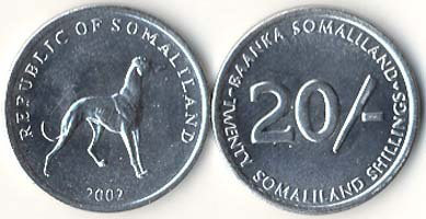20 шиллингов Сомалиленд "Собака" (2002) UNC KM# 6