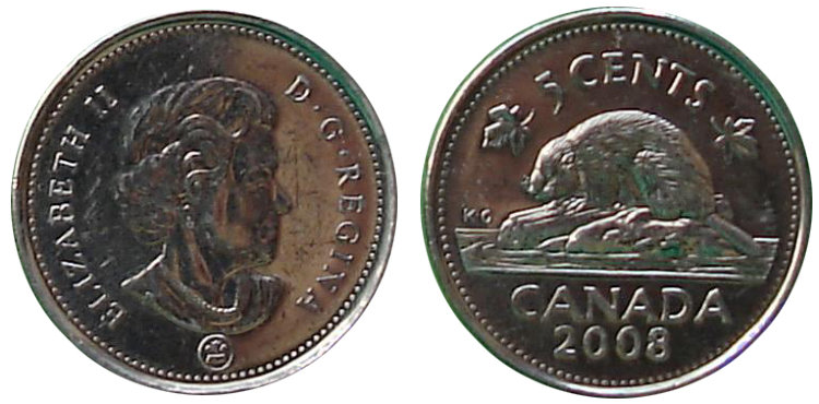 5 центов Канада Elizabeth II (4-й портрет)(2004-2010) XF KM# 491 