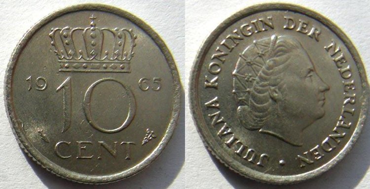 10 центов Нидерланды (1950-1980) XF KM# 182