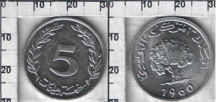 5 миллим Тунис (1960-1996) UNC KM# 282 