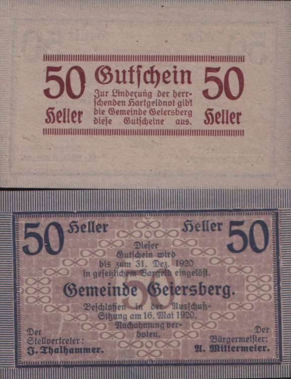 Нотгельд - 50 хеллеров Австрия (1920) XF 97