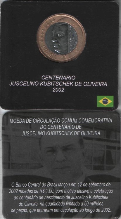 1 реал "100 лет со дня рождения президента Жуселину Кубичека" Бразилия (2002) UNC KM# 656 (В буклете)
